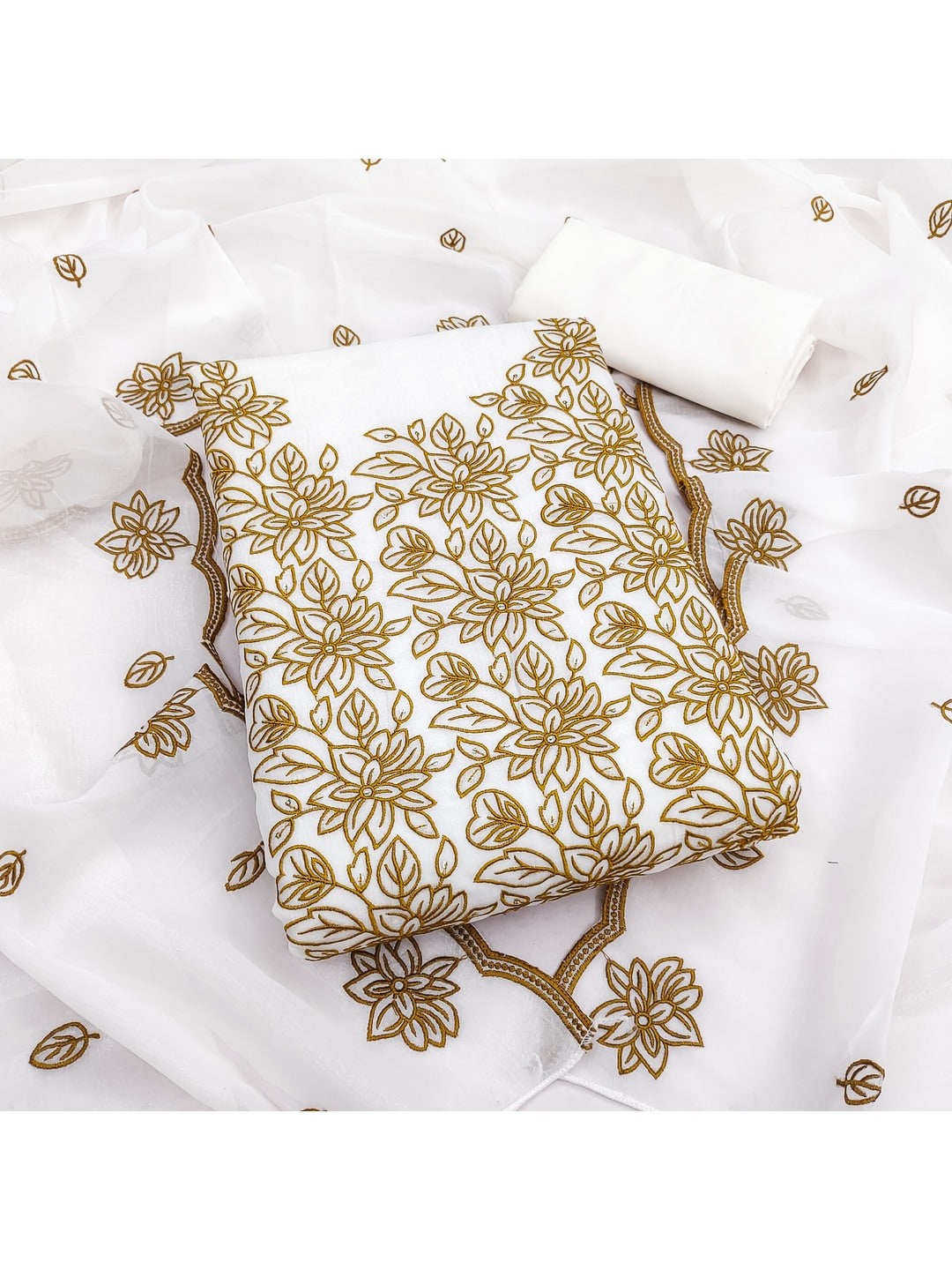 Peachmode Off White Mustard Floral Embroidered Dress Material - Image 2