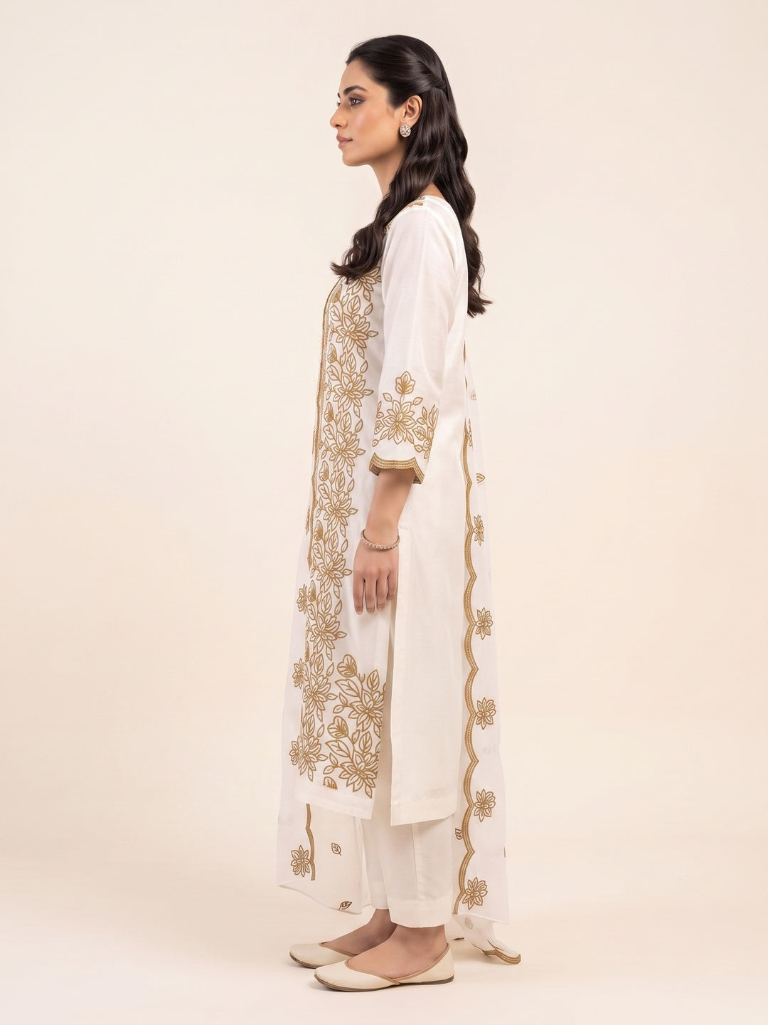 Peachmode Off White Mustard Floral Embroidered Dress Material - Image 4
