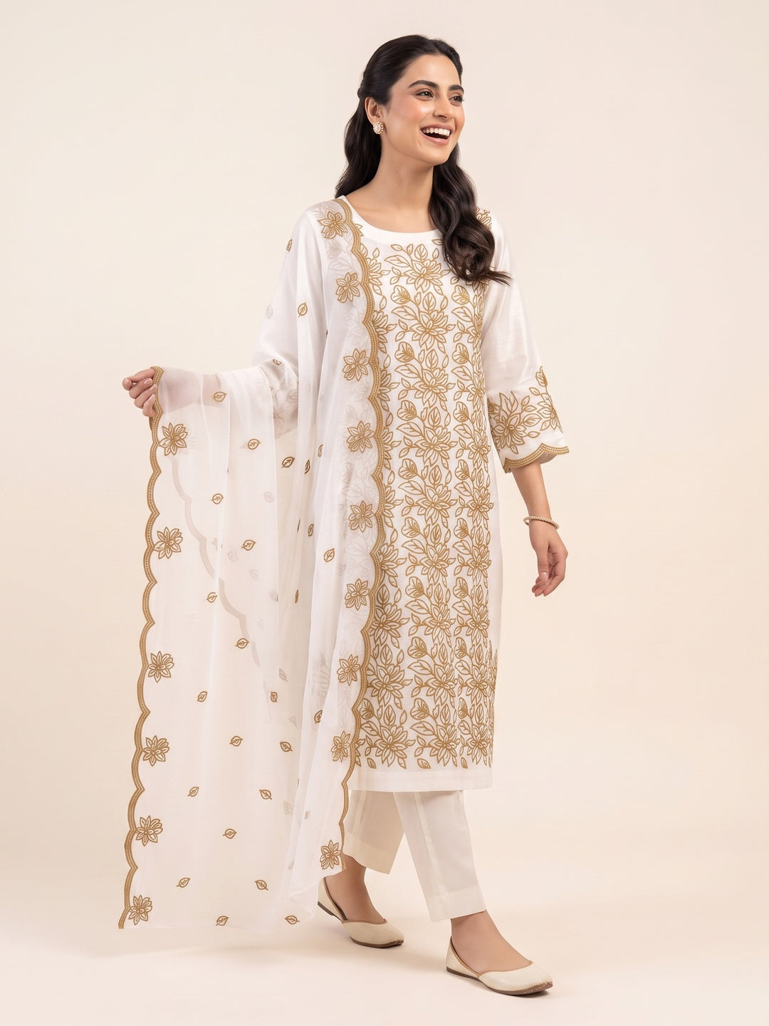 Peachmode Off White Mustard Floral Embroidered Dress Material - Image 5