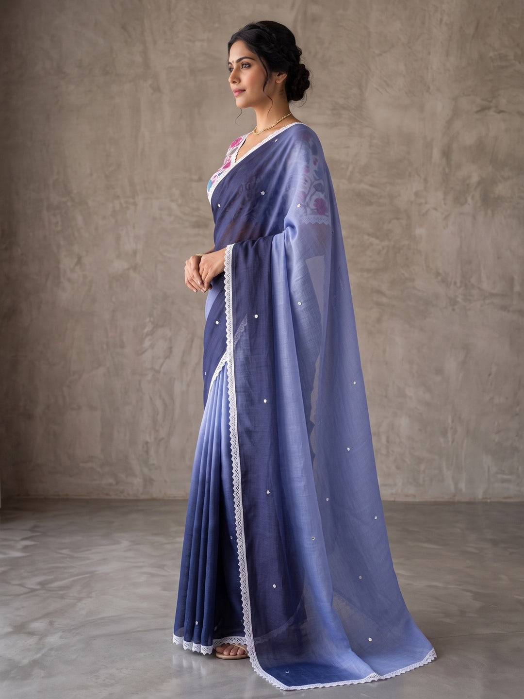 Peachmode Black Lavender Ombre Linen Saree - Image 4