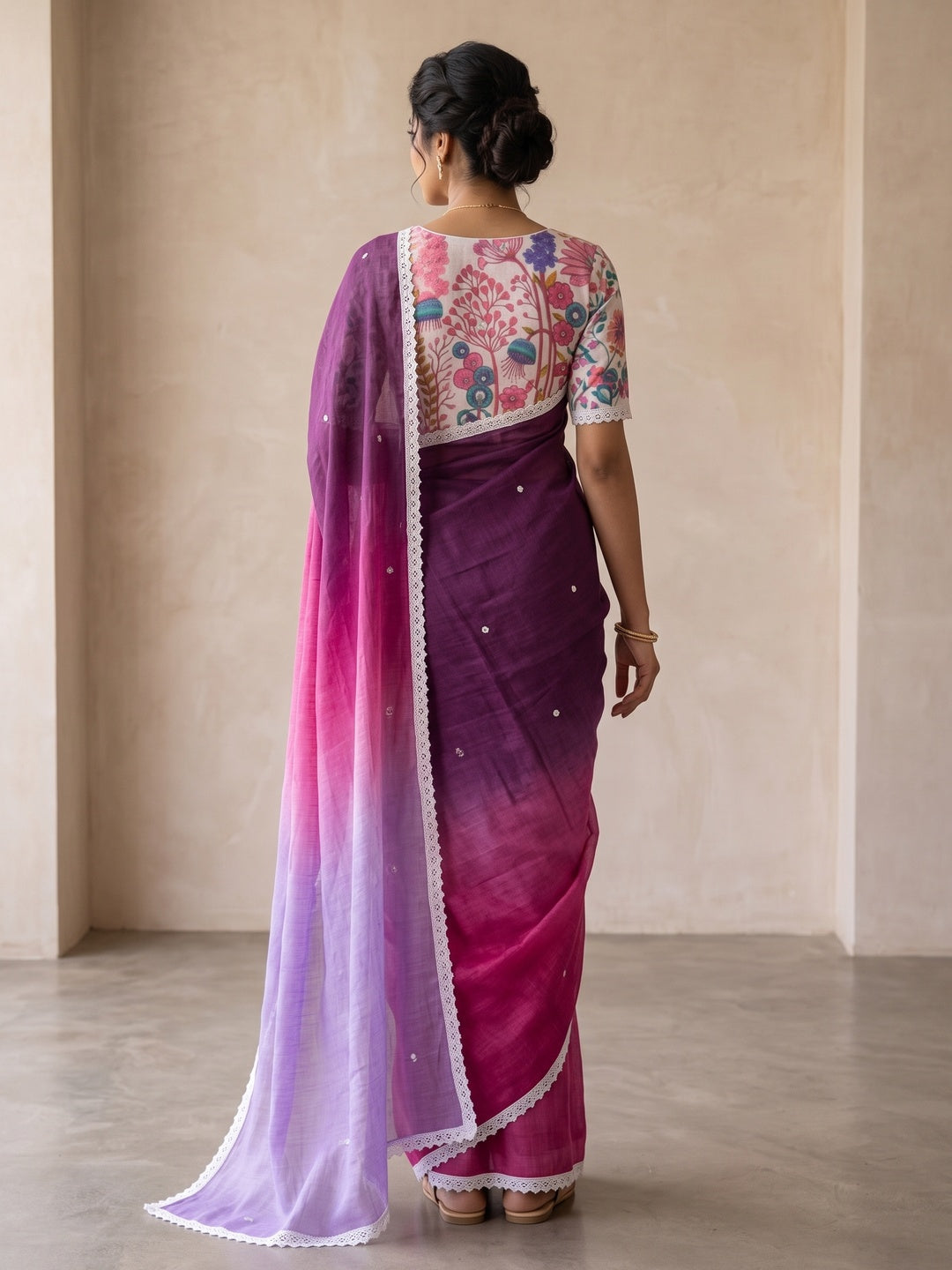 Peachmode Purple Pink Ombre Linen Saree - Image 3