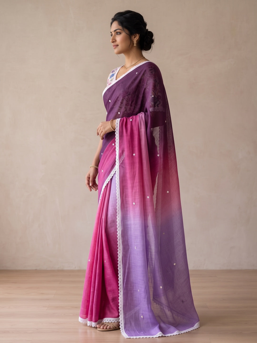 Peachmode Purple Pink Ombre Linen Saree - Image 4