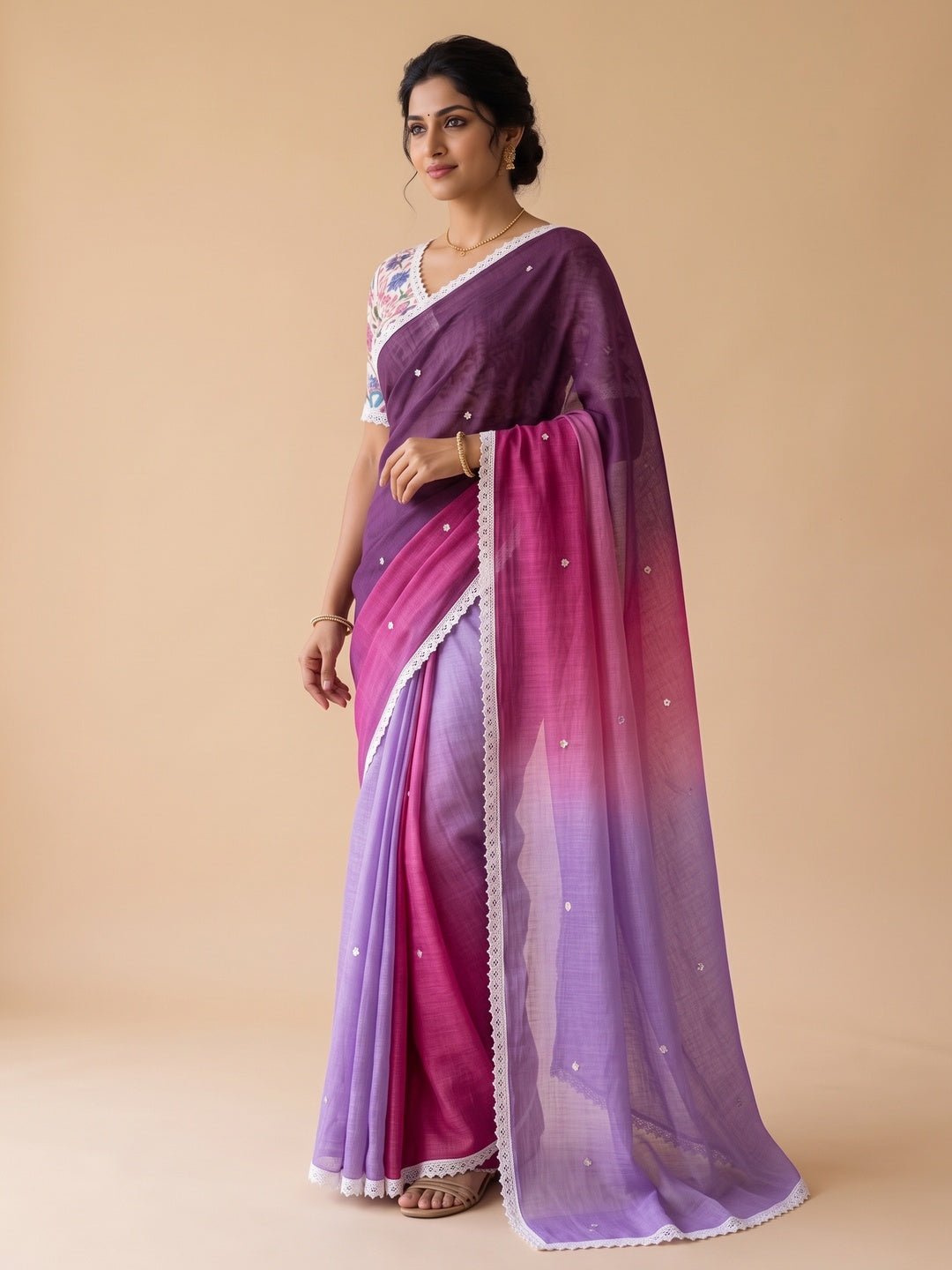 Peachmode Purple Pink Ombre Linen Saree - Image 5