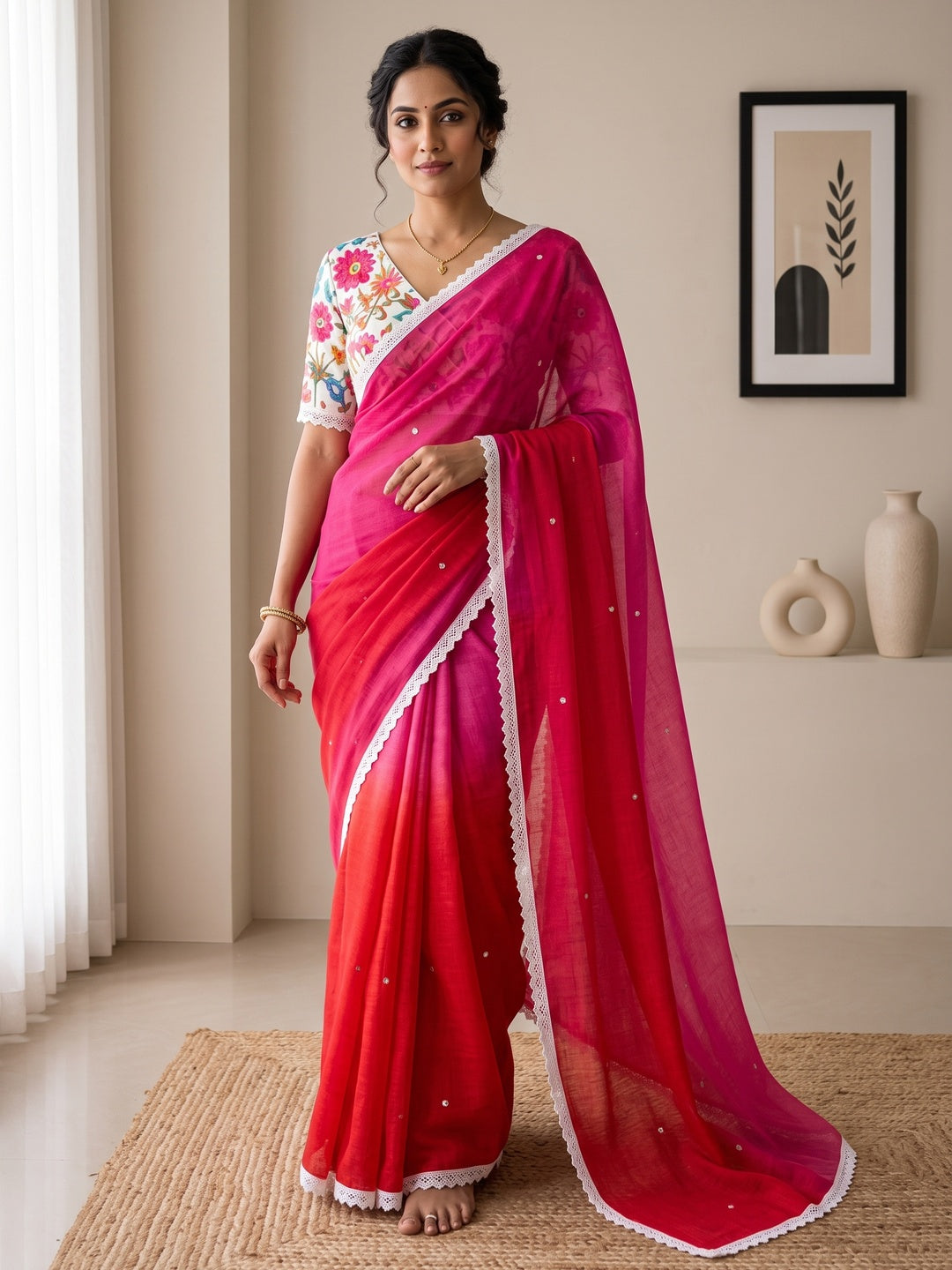 Peachmode Red Pink Ombre Linen Saree - Image 1