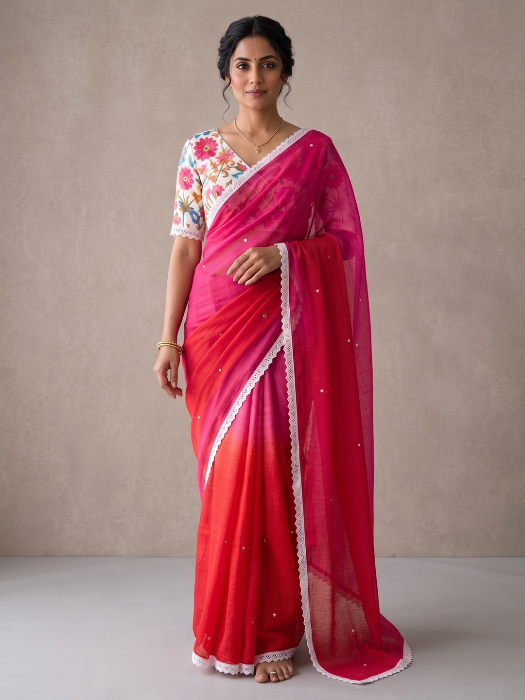 Peachmode Red Pink Ombre Linen Saree - Image 2