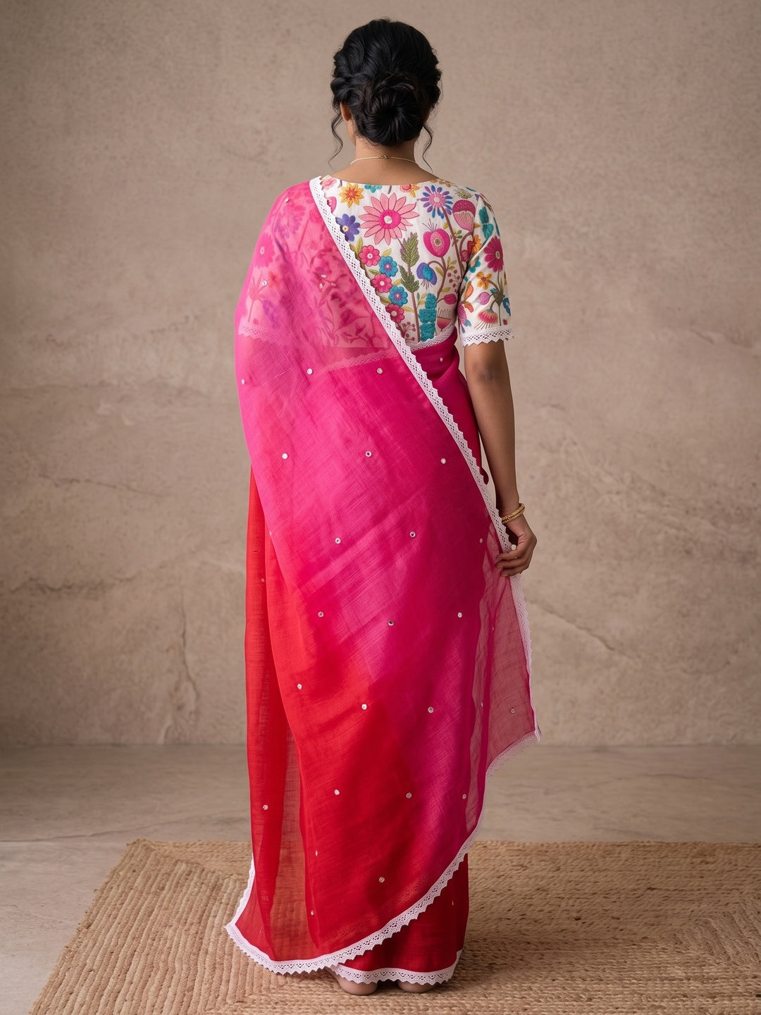 Peachmode Red Pink Ombre Linen Saree - Image 3