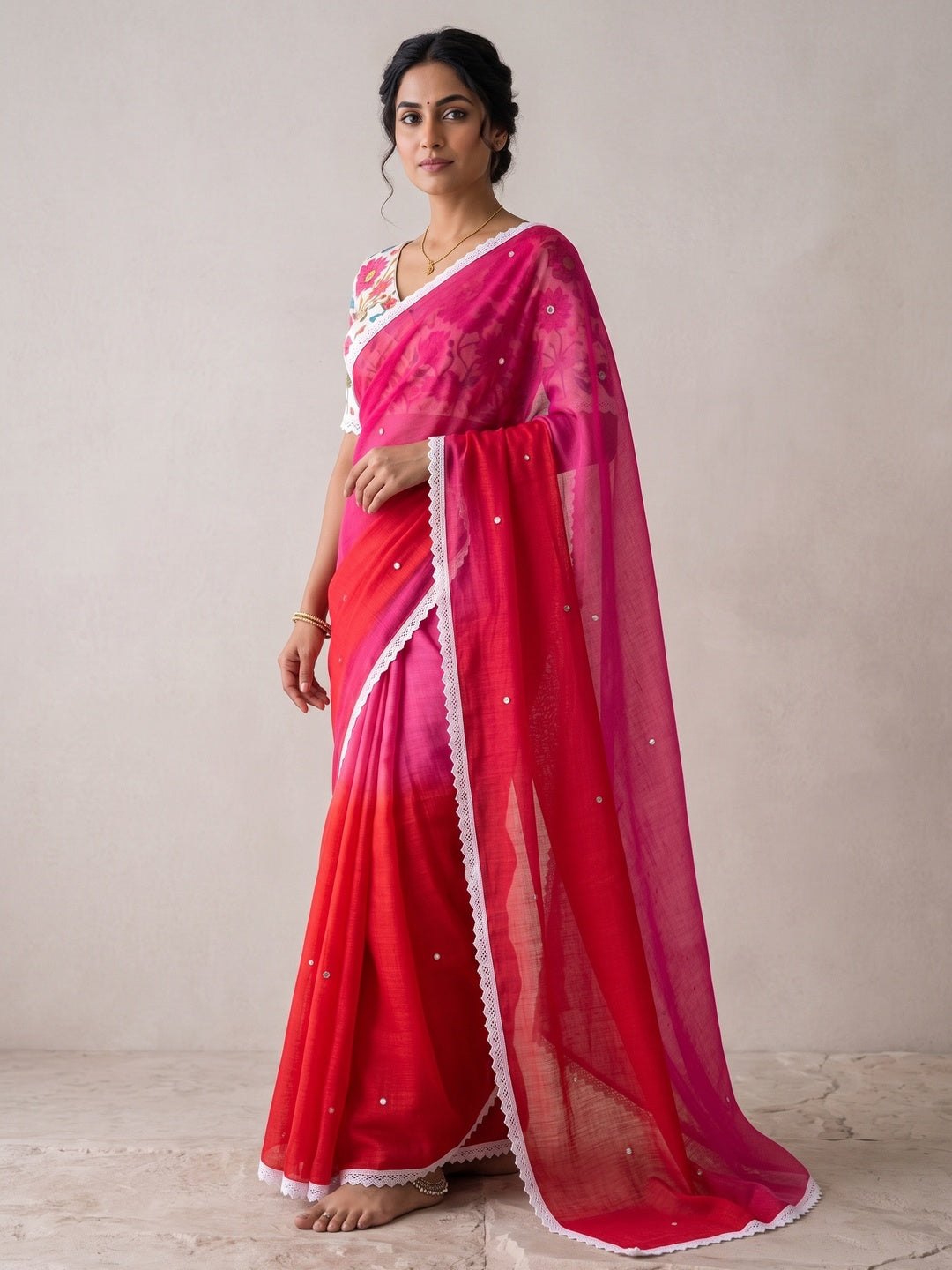 Peachmode Red Pink Ombre Linen Saree - Image 4