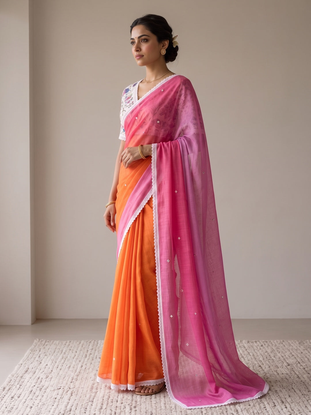 Peachmode Orange Pink Ombre Linen Saree - Image 4