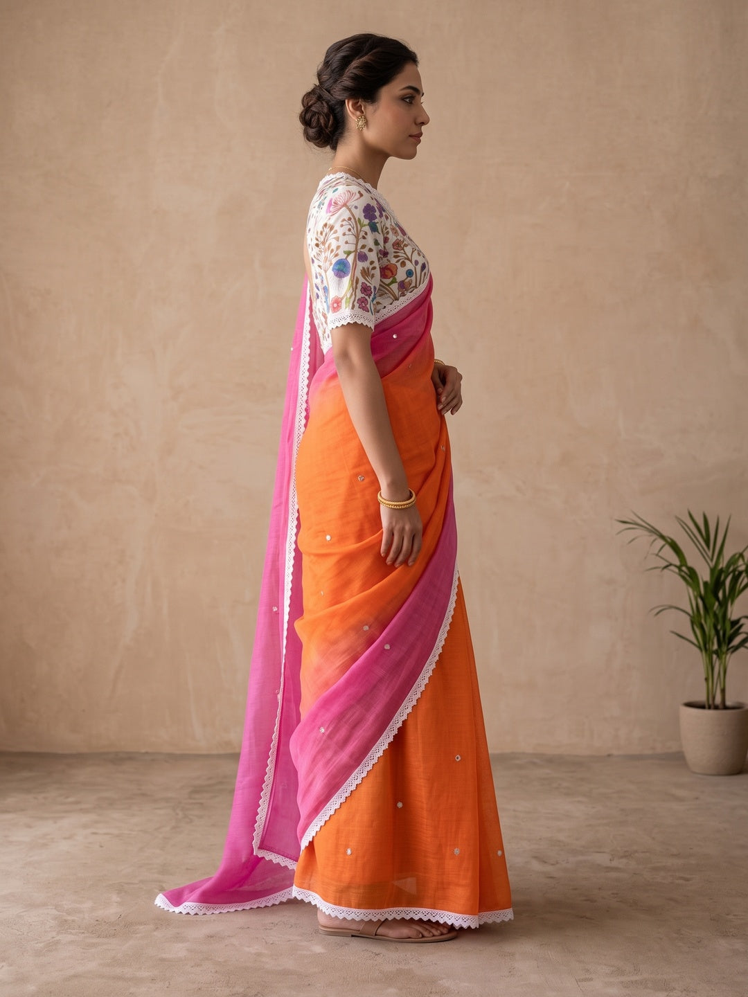 Peachmode Orange Pink Ombre Linen Saree - Image 5