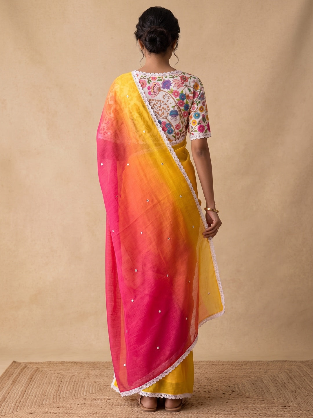 Peachmode Yellow Pink Ombre Linen Saree - Image 3