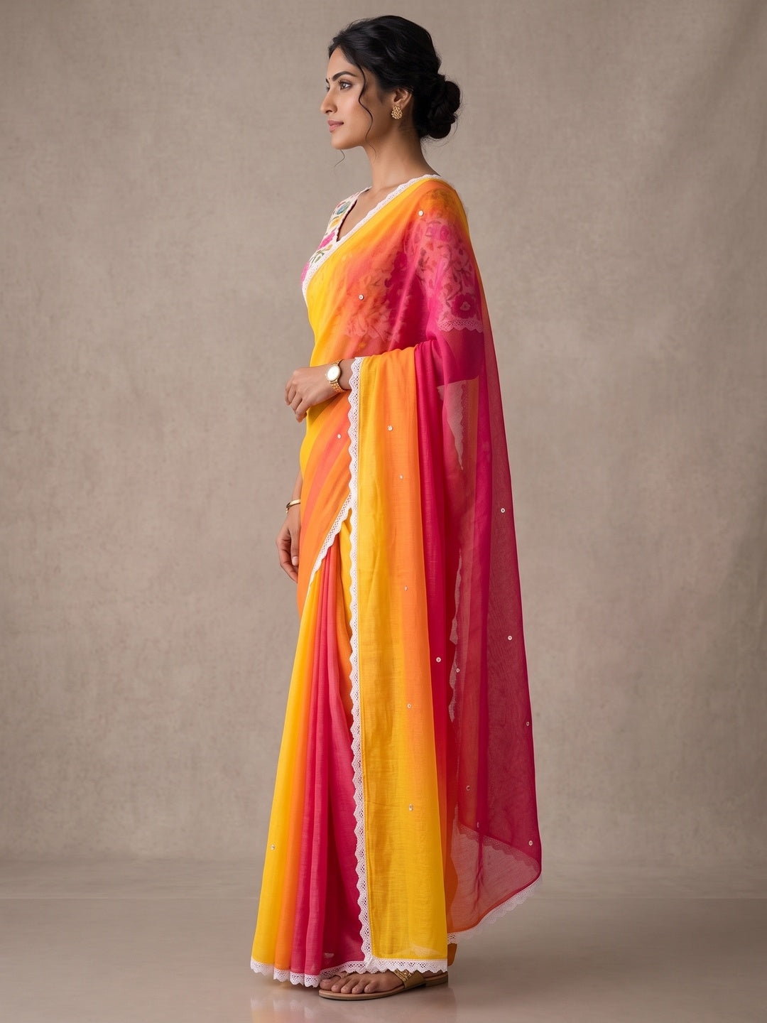 Peachmode Yellow Pink Ombre Linen Saree - Image 4