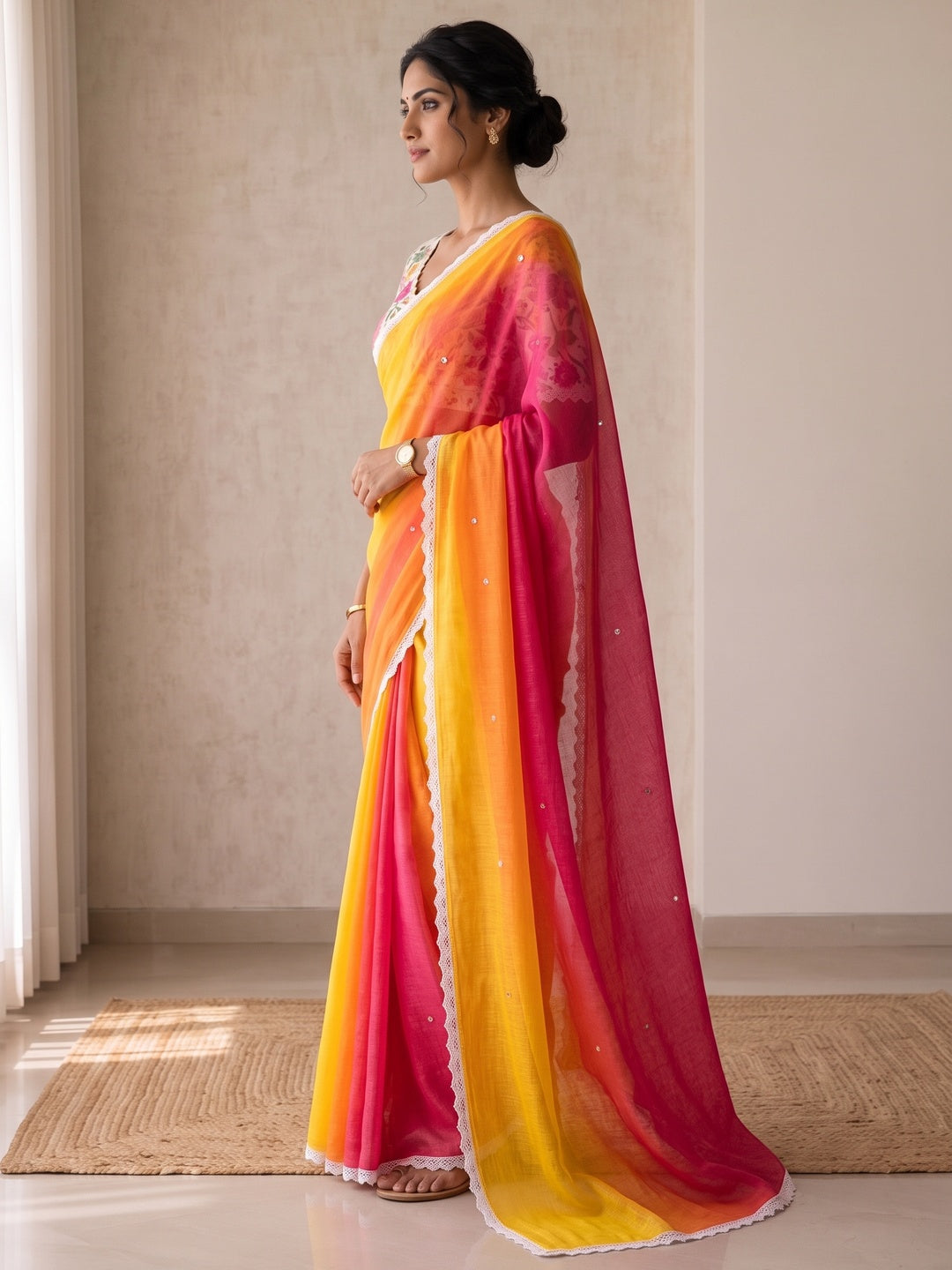 Peachmode Yellow Pink Ombre Linen Saree - Image 5