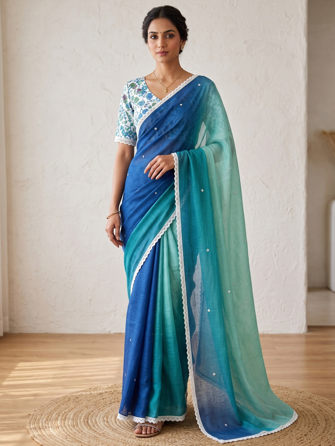 Peachmode Teal Blue Ombre Linen Saree - Image 1