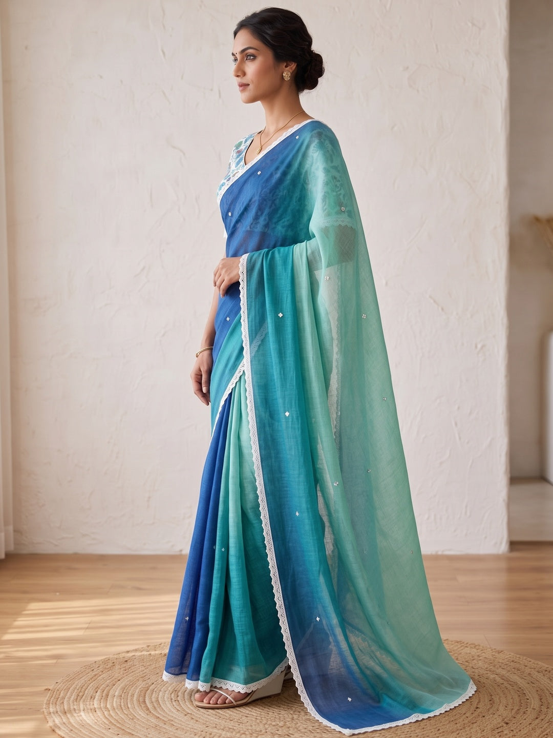 Peachmode Teal Blue Ombre Linen Saree - Image 4