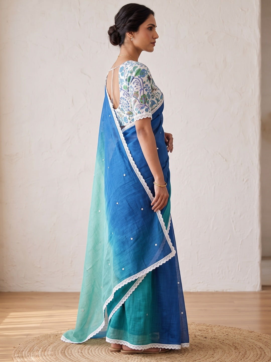 Peachmode Teal Blue Ombre Linen Saree - Image 5