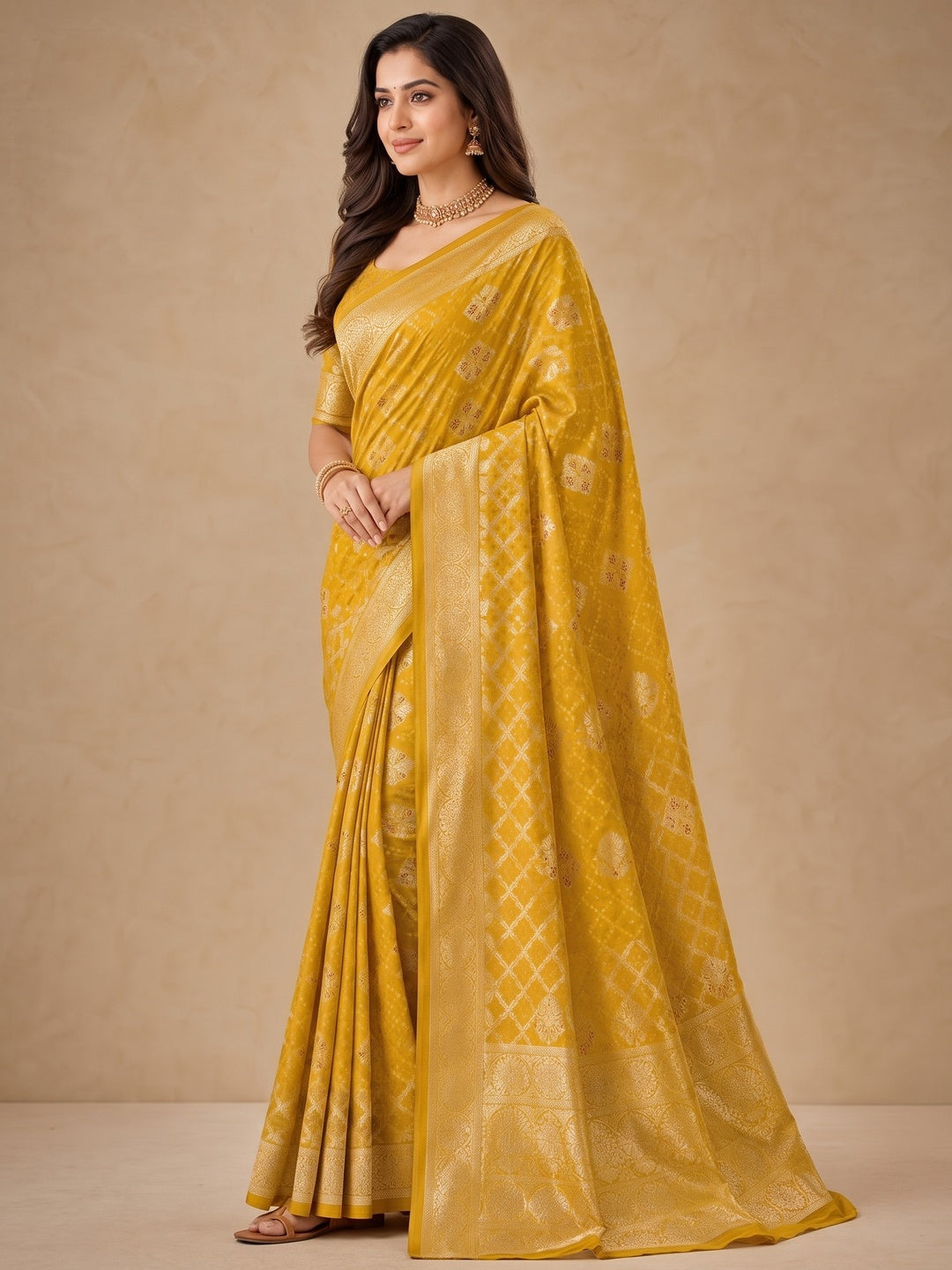 Peachmode Mustard Dola Silk Woven Saree - Image 5