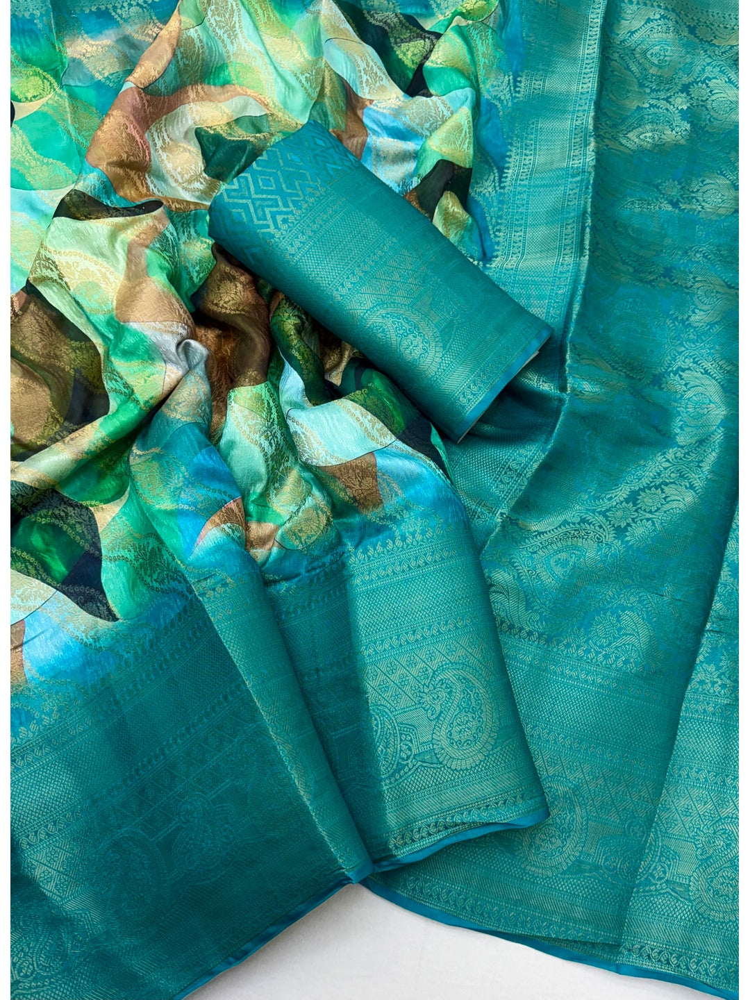 Peachmode Teal Digital Printed Jacquard Art Silk Saree - Image 2