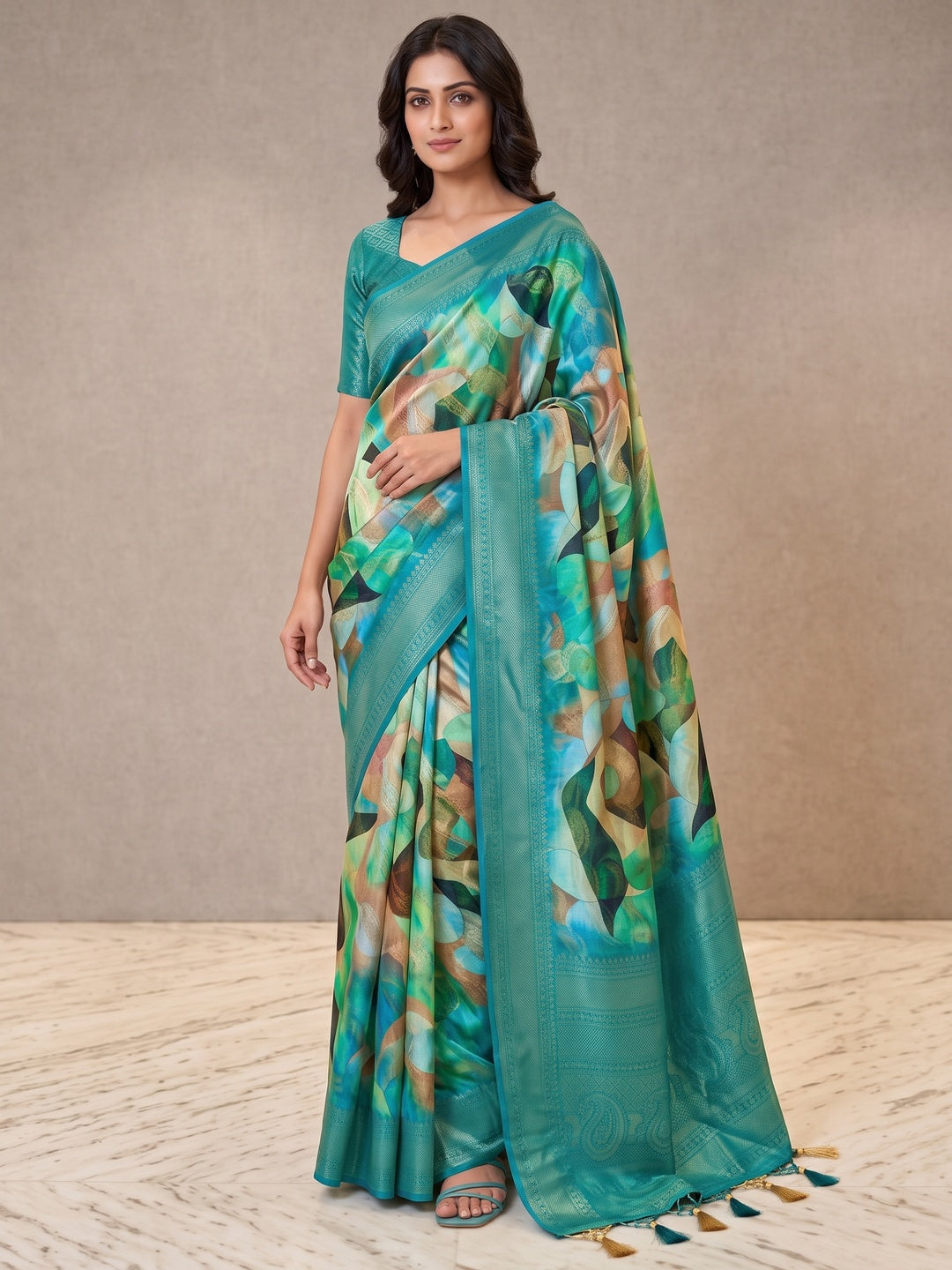 Peachmode Teal Digital Printed Jacquard Art Silk Saree - Image 4