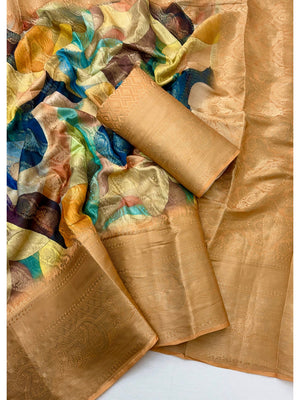 Peachmode Gold Digital Printed Jacquard Art Silk Saree - Image 2