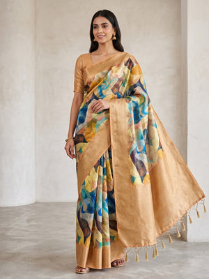Peachmode Gold Digital Printed Jacquard Art Silk Saree - Image 1
