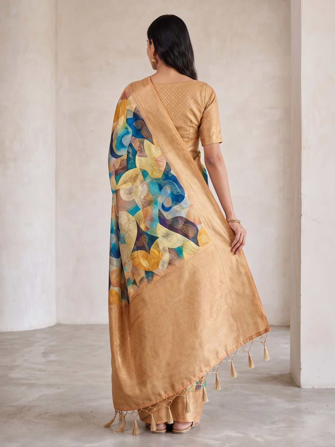Peachmode Gold Digital Printed Jacquard Art Silk Saree - Image 5