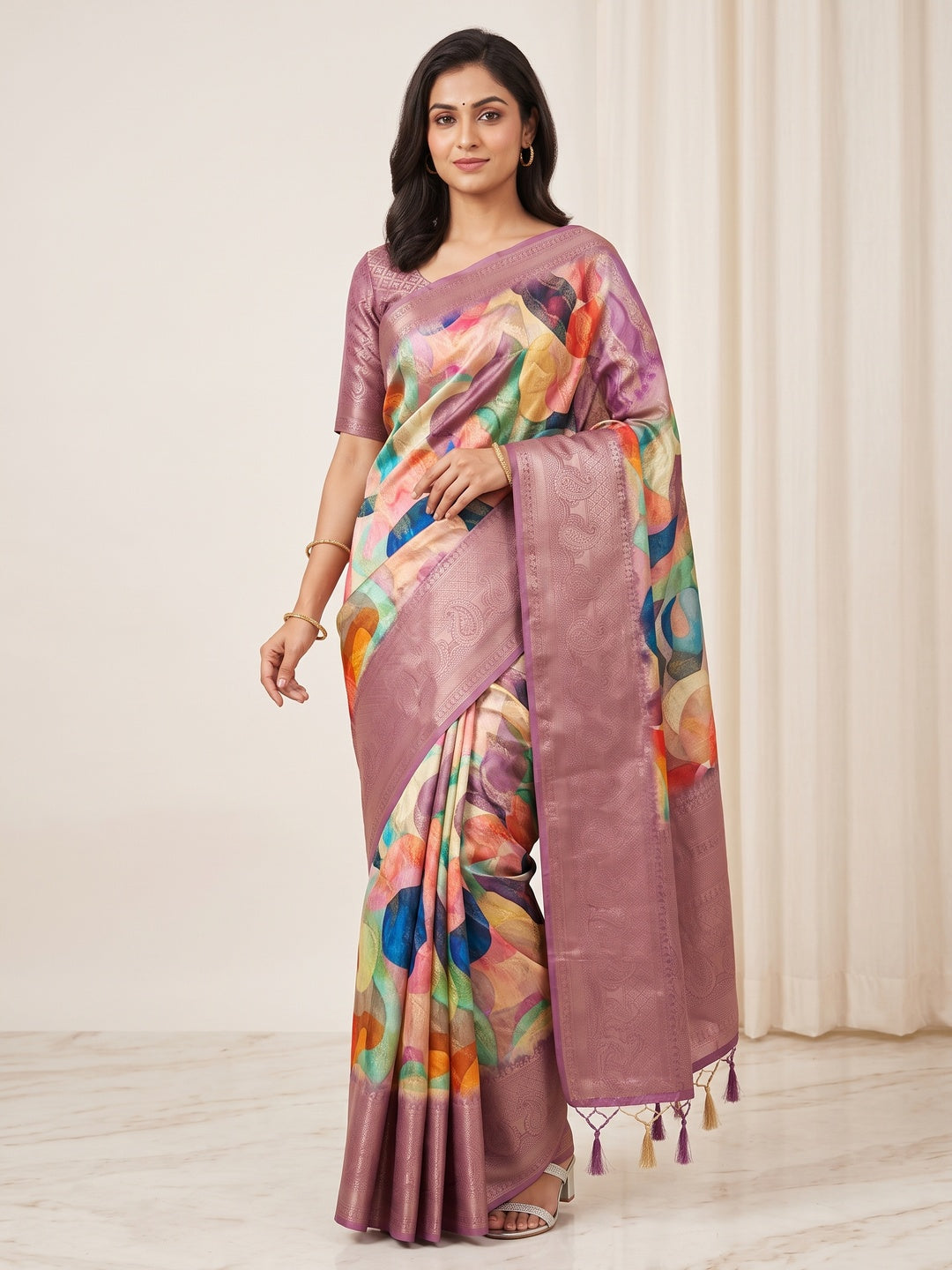 Peachmode Mauve Digital Printed Jacquard Art Silk Saree - Image 1