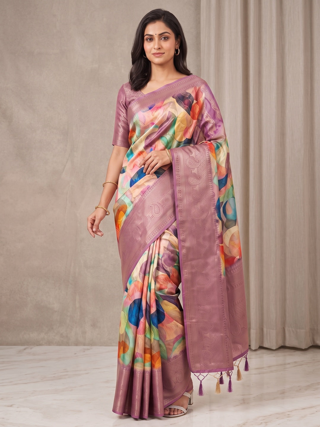 Peachmode Mauve Digital Printed Jacquard Art Silk Saree - Image 4