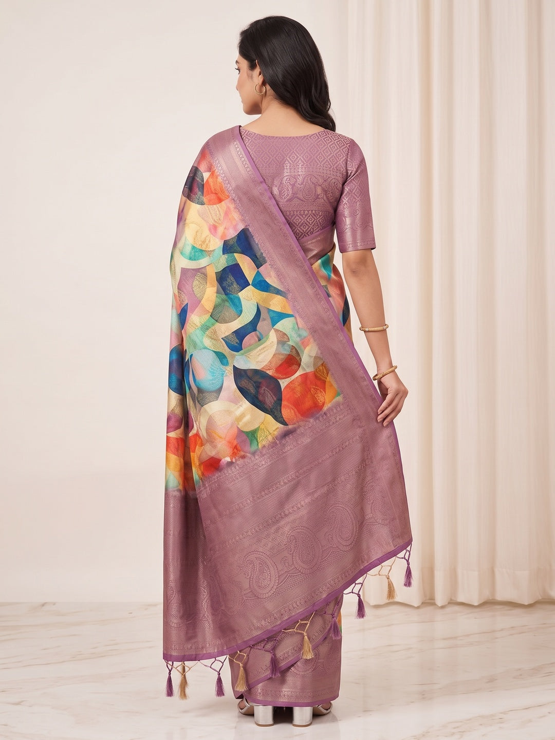Peachmode Mauve Digital Printed Jacquard Art Silk Saree - Image 5