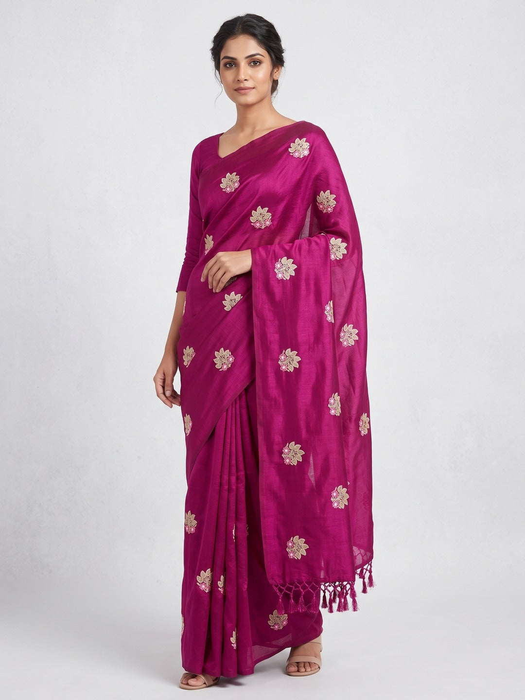 Peachmode Magenta Vichitra Silk Floral Embroidered Saree - Image 1