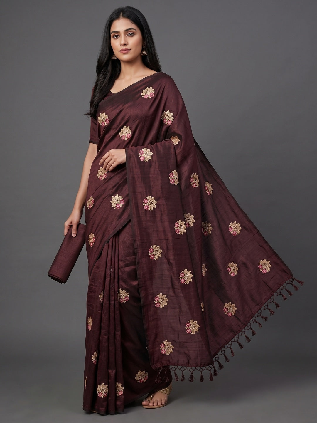 Peachmode Brown Vichitra Silk Floral Embroidered Saree - Image 1