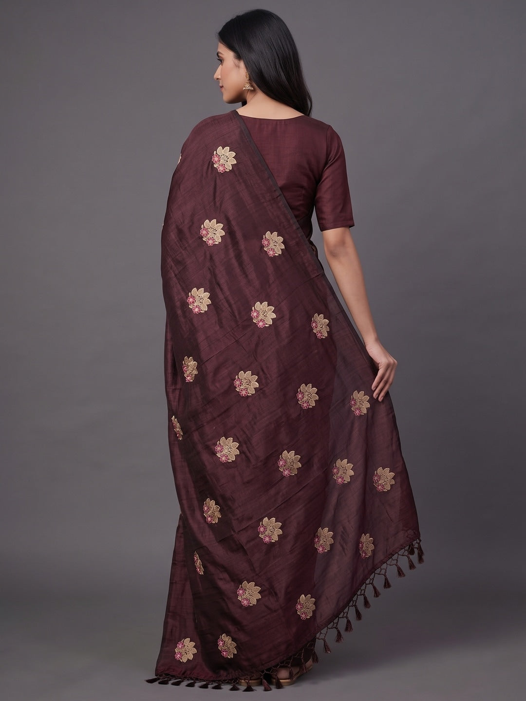 Peachmode Brown Vichitra Silk Floral Embroidered Saree - Image 3