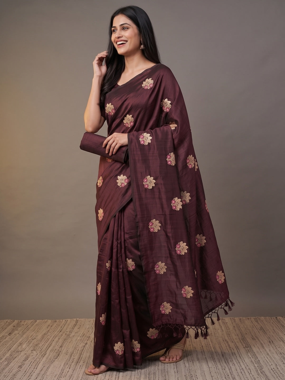 Peachmode Brown Vichitra Silk Floral Embroidered Saree - Image 5