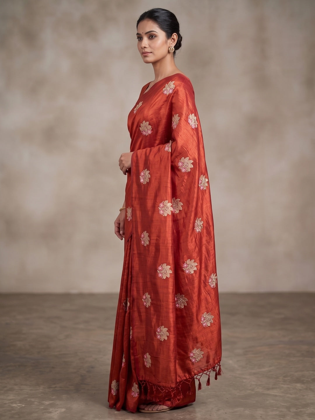 Peachmode Rust Vichitra Silk Floral Embroidered Saree - Image 4