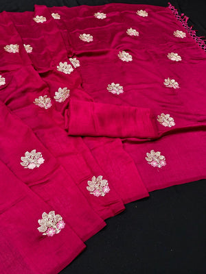 Peachmode Rani Pink Vichitra Silk Floral Embroidered Saree - Image 2