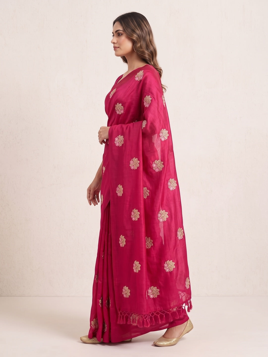 Peachmode Rani Pink Vichitra Silk Floral Embroidered Saree - Image 4