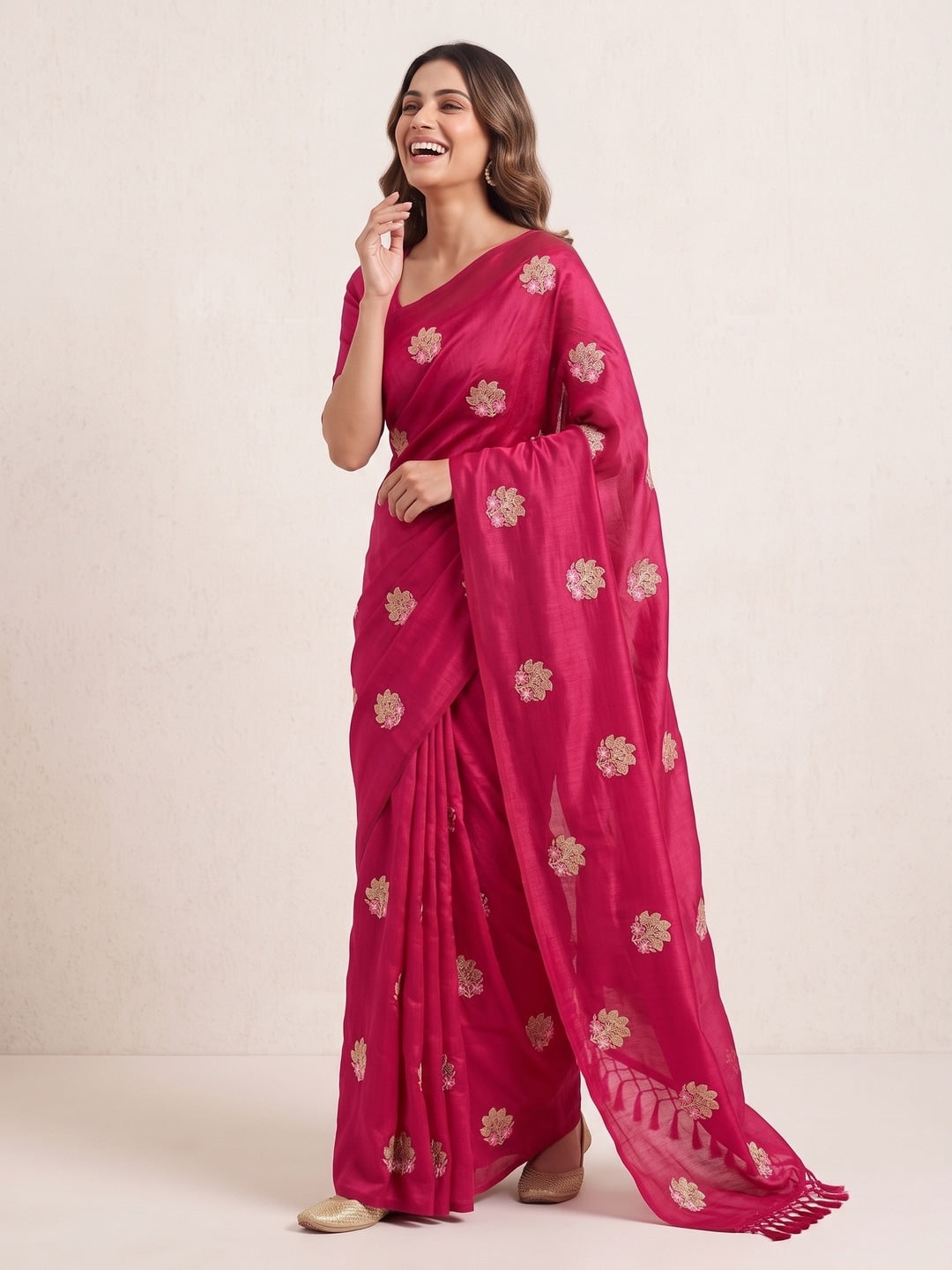 Peachmode Rani Pink Vichitra Silk Floral Embroidered Saree - Image 5