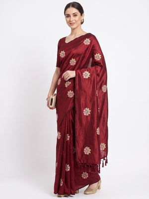 Peachmode Maroon Vichitra Silk Floral Embroidered Saree - Image 1