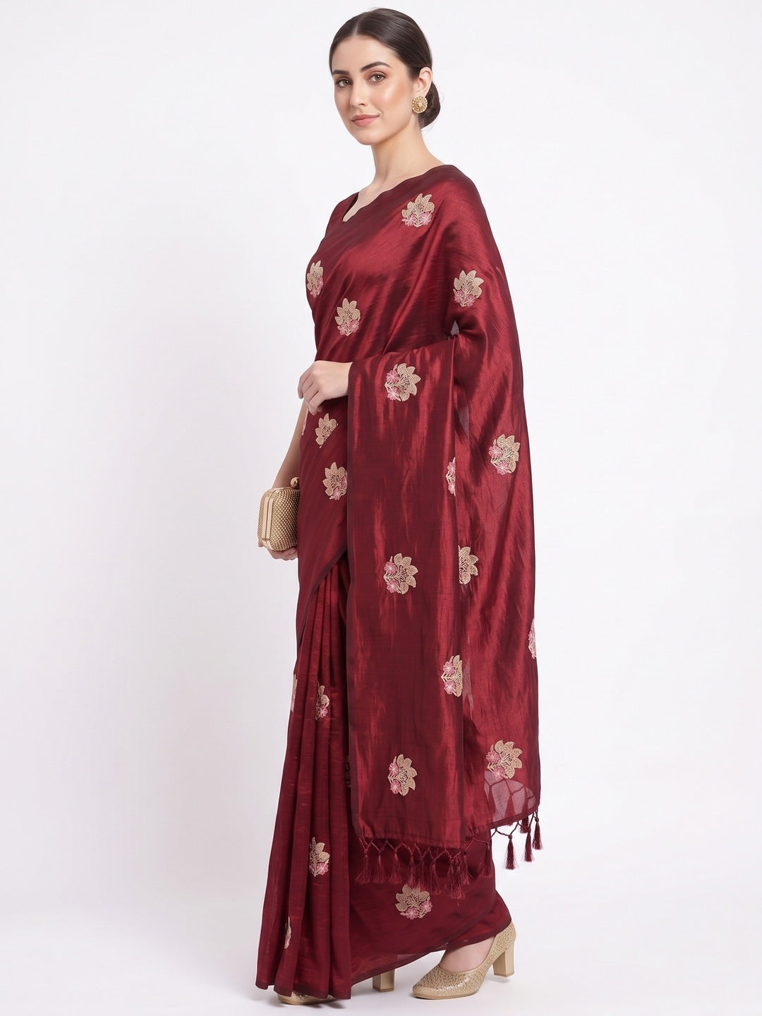 Peachmode Maroon Vichitra Silk Floral Embroidered Saree - Image 4