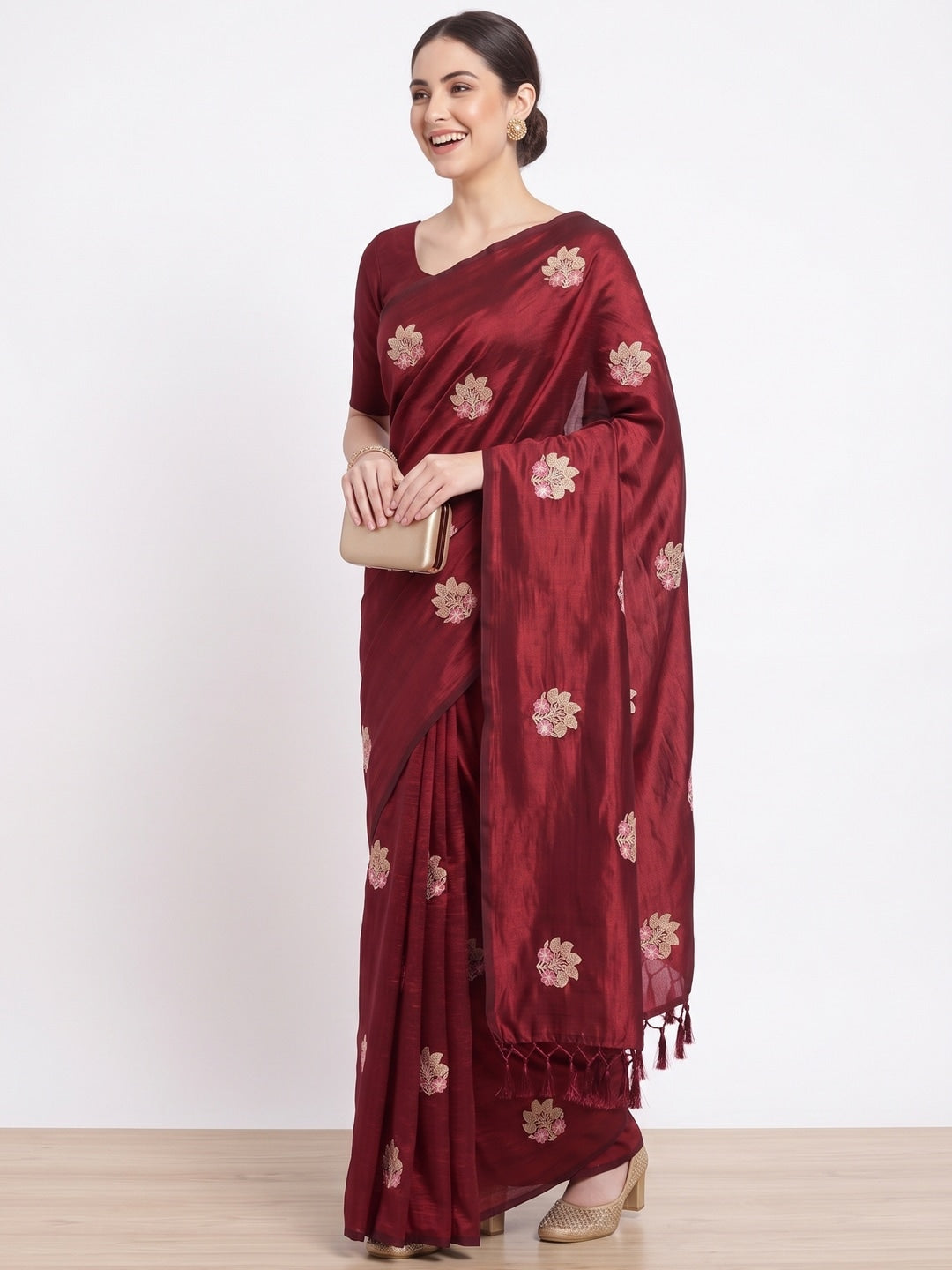 Peachmode Maroon Vichitra Silk Floral Embroidered Saree - Image 5