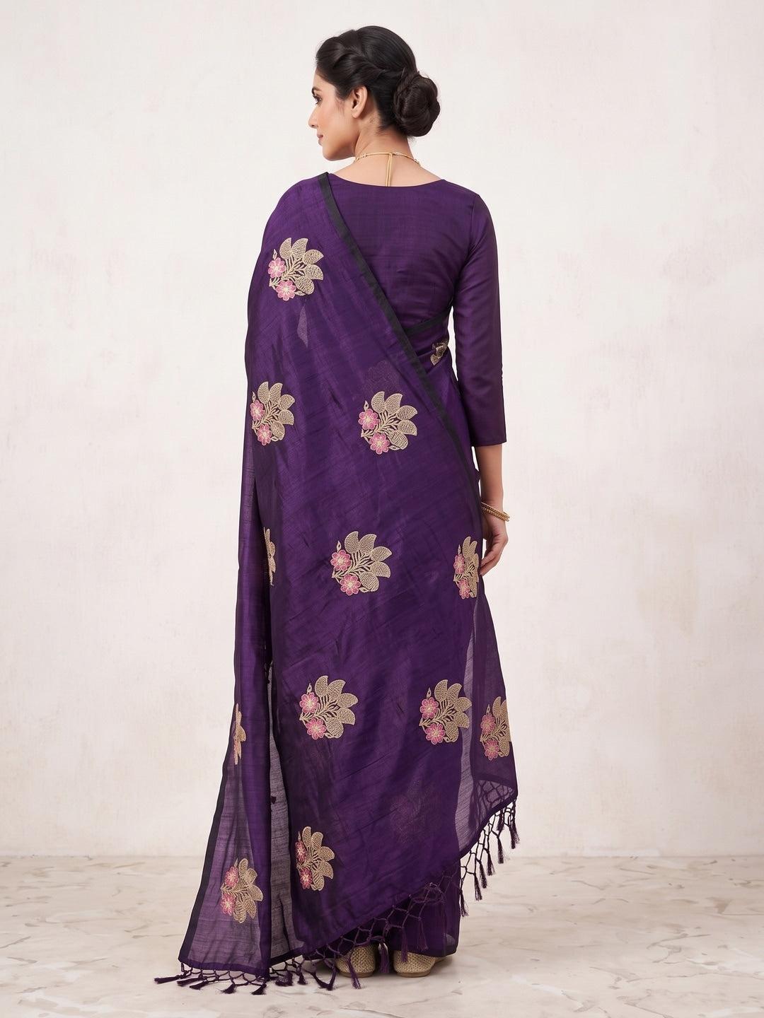 Peachmode Purple Vichitra Silk Floral Embroidered Saree - Image 3
