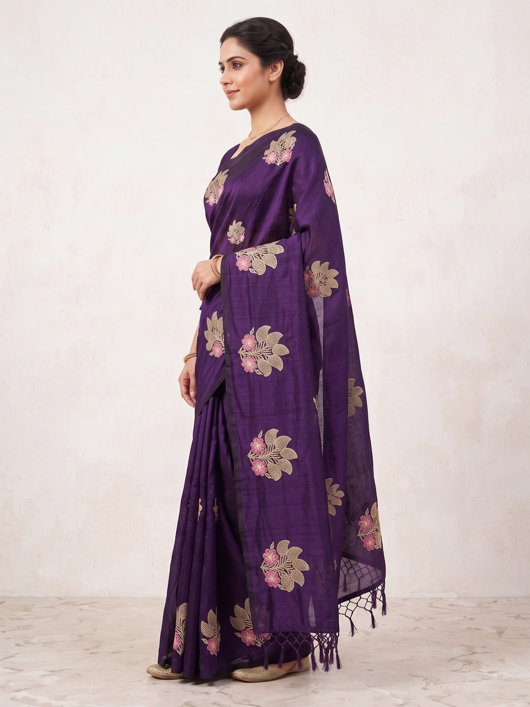 Peachmode Purple Vichitra Silk Floral Embroidered Saree - Image 4
