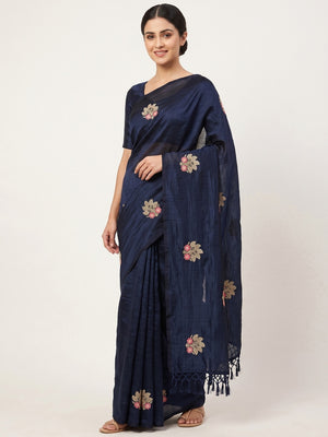 Peachmode Navy Blue Vichitra Silk Floral Embroidered Saree - Image 1