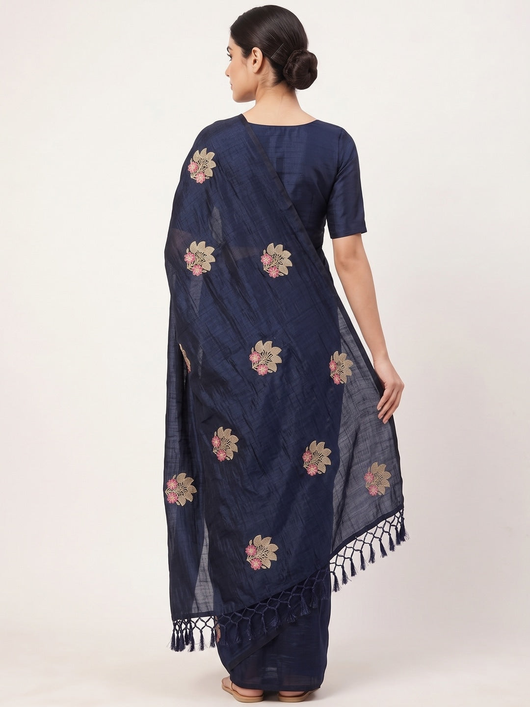 Peachmode Navy Blue Vichitra Silk Floral Embroidered Saree - Image 3