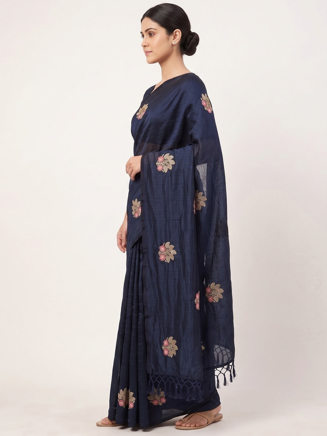 Peachmode Navy Blue Vichitra Silk Floral Embroidered Saree - Image 4