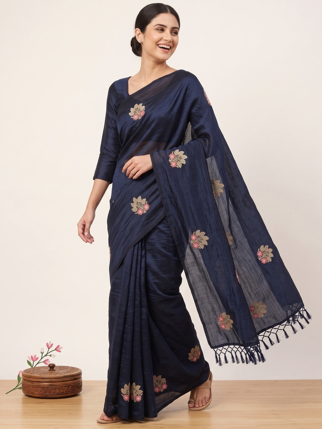 Peachmode Navy Blue Vichitra Silk Floral Embroidered Saree - Image 5