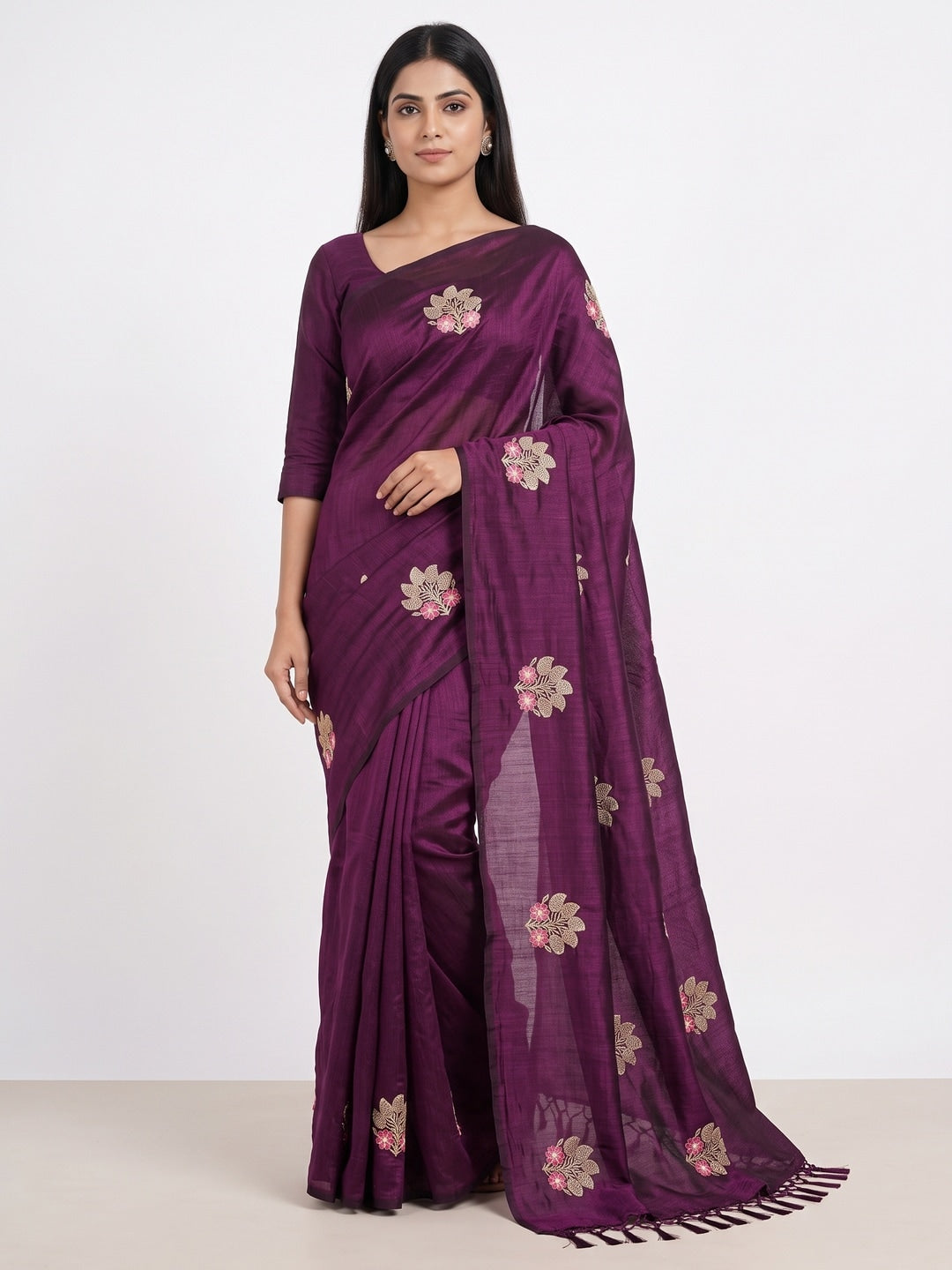 Peachmode Plum Vichitra Silk Floral Embroidered Saree - Image 1