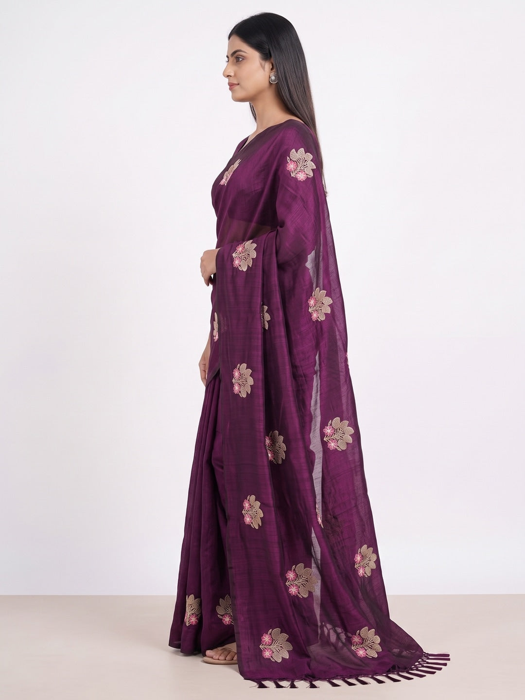 Peachmode Plum Vichitra Silk Floral Embroidered Saree - Image 4