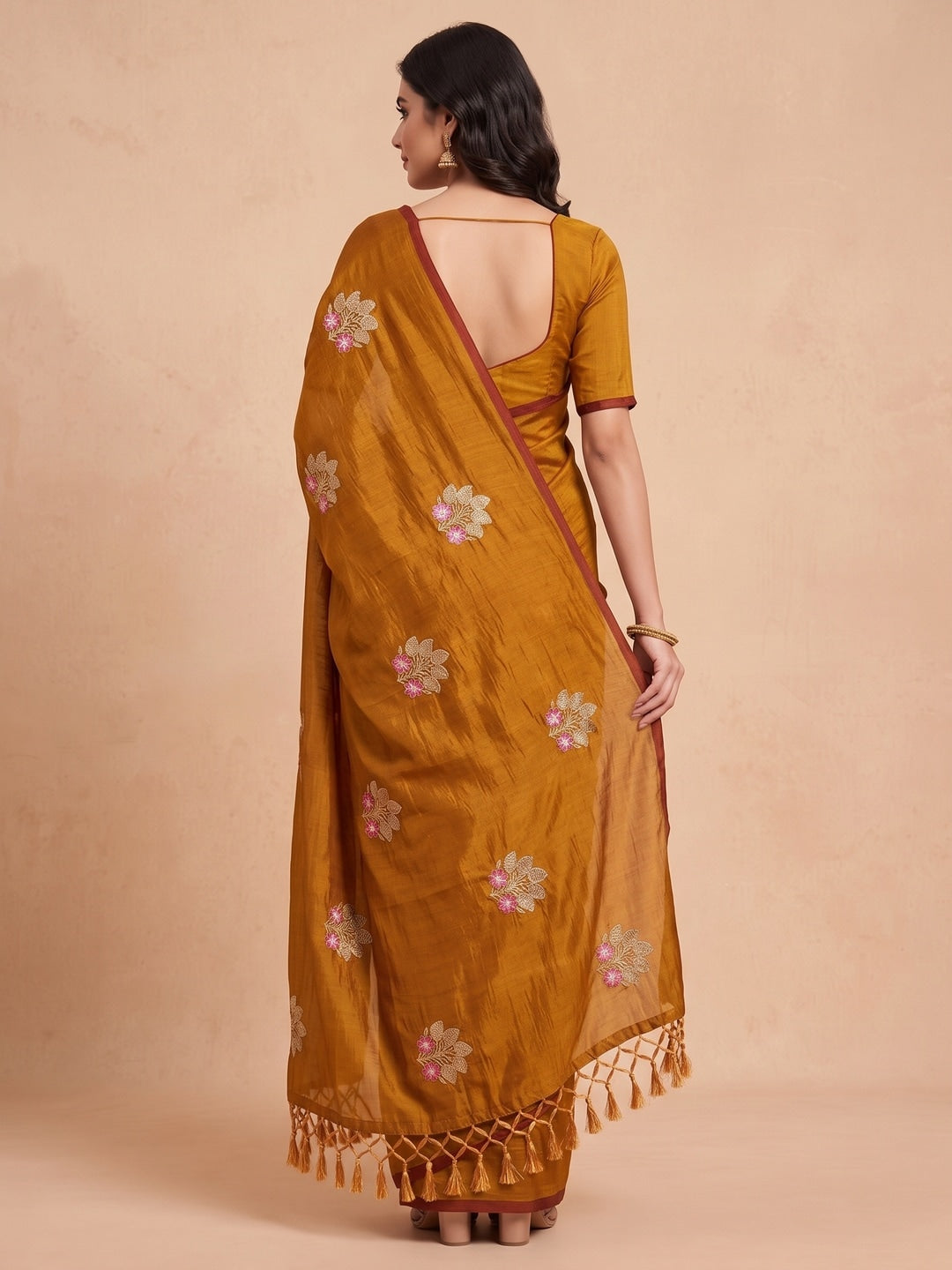 Peachmode Mustard Vichitra Silk Floral Embroidered Saree - Image 3