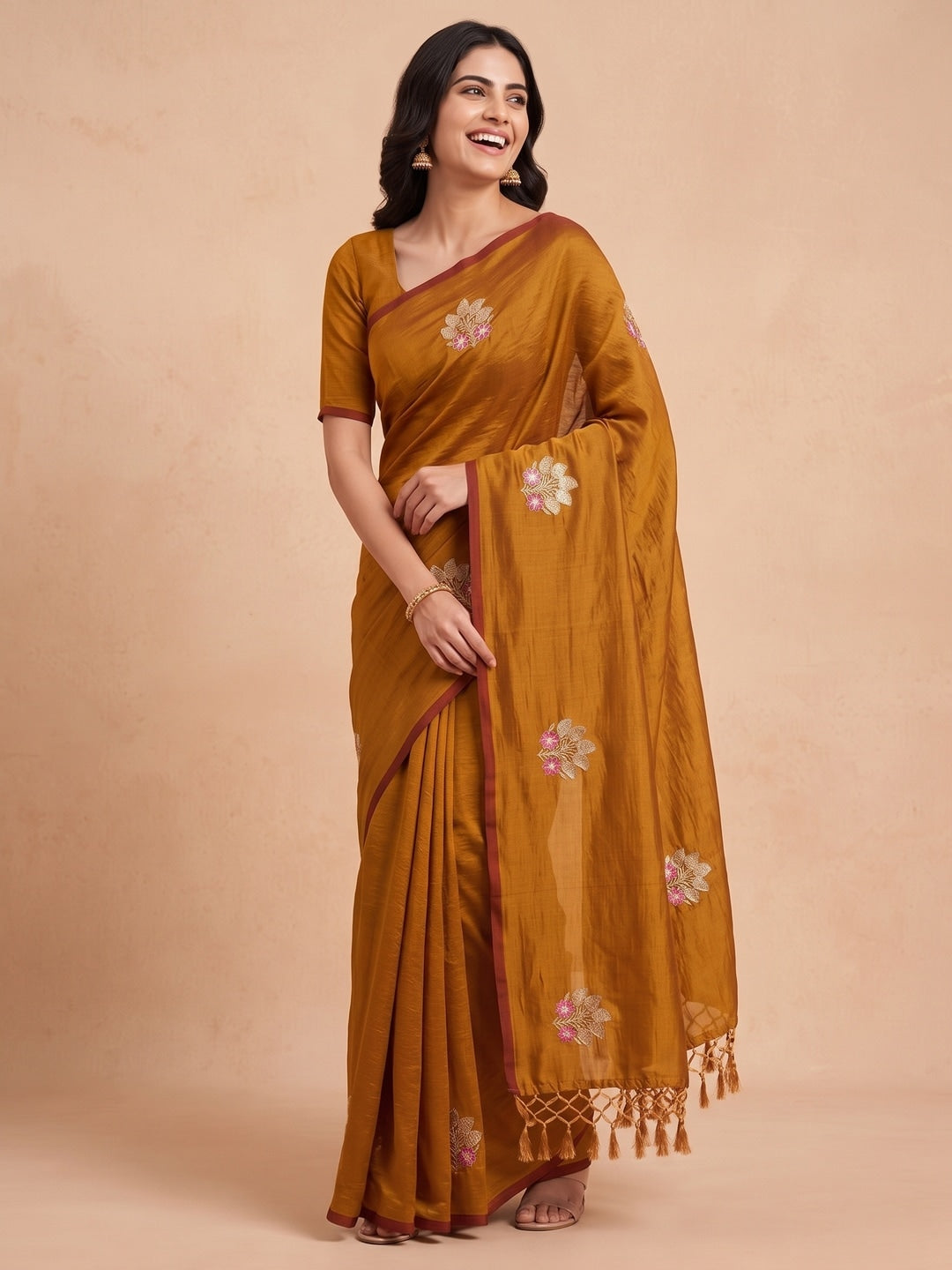 Peachmode Mustard Vichitra Silk Floral Embroidered Saree - Image 5