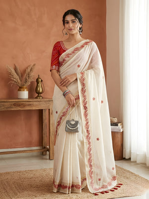 Peachmode Cream Gota Patti Work Tussar Silk Saree - Image 1